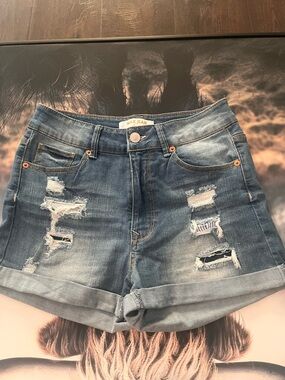 Wax Jean Blue Distressed Rolled-Hem Denim Shorts